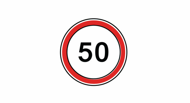 Speed Limit Sign: A circular road sign prominently displaying the number 50, encircled by a red border, representing a clear directive for traffic regulation and road safety.