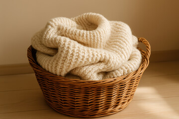 Obraz premium Cozy knitted wool blanket in woven basket on wooden floor, soft textured home decor, warm minimalist interior detail