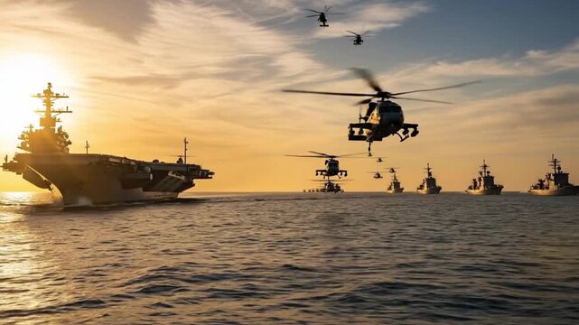 Massive naval fleet led by an aircraft carrier and numerous helicopters on a mission at sea during a stunning golden hour sunset