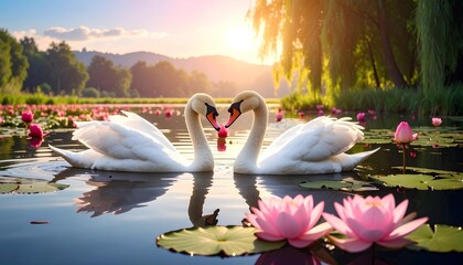 swans in the lake at the morning