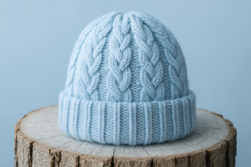 Soft blue knitted beanie hat with cable pattern resting on natural wooden tree stump, cozy winter accessory on pastel background