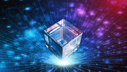 Cube of Innovation: A glowing, transparent cube, symbolizing innovation and technological advancement, rests amidst a dynamic digital environment, showcasing the power of data and futuristic design.