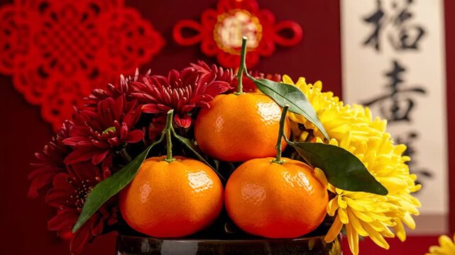 Festive Chinese New Year arrangement featuring fresh mandarin oranges, colorful chrysanthemums, and traditional lucky decorations on a red background