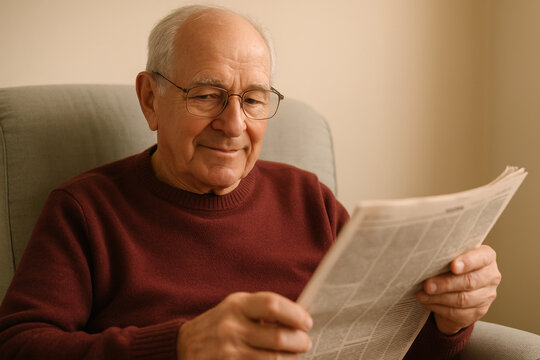 Elderly man relaxing in armchair reading newspaper, smiling, enjoying quiet leisure time indoors, casual retirement lifestyle