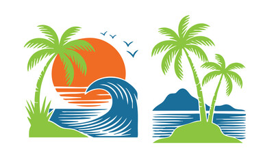 Duo of Tropical Beach Illustrations: Crashing Wave & Calm Island, Summer Paradise & Palm Tree Icons, Tropical Sunset & Island Vibes, Sun, Surf, and Sand Graphics, t-shirt.
