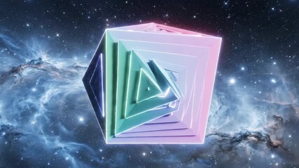 Futuristic Neon Geometric Cube Floating in Deep Space Nebula. - Powered by Adobe
