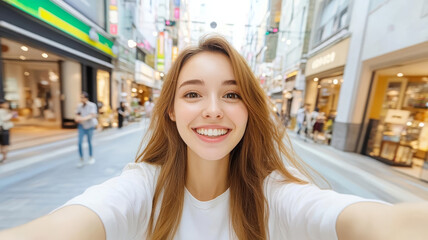 Smiling woman taking selfie on busy city street with shops, cheerful urban lifestyle