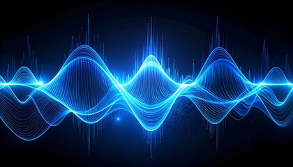 Graphic shows luminous blue waves cresting against a black background, representing sound or energy. It also features vertical lines