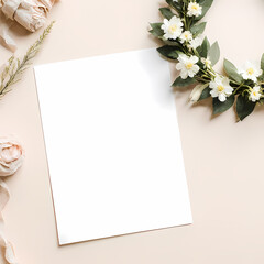 A simple background with a flower wreath and a blank letter paper beside it, soft lighting and minimal objects.