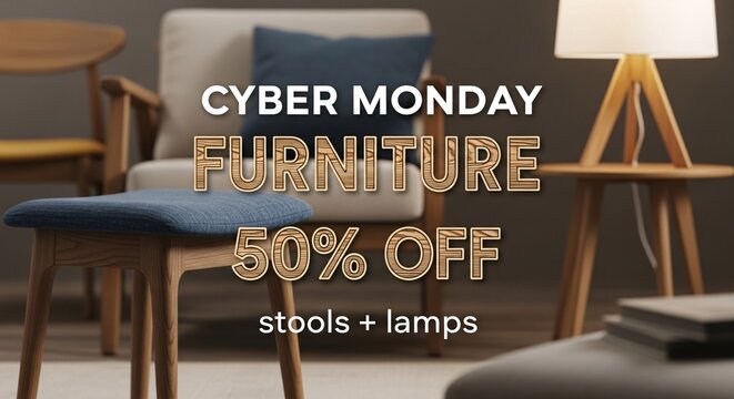 Modern cyber monday furniture sale advertising 50 percent off stools plus lamps - Powered by Adobe