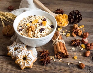 Healthy breakfast with oatmeal, nuts, spices, and cookies on wood