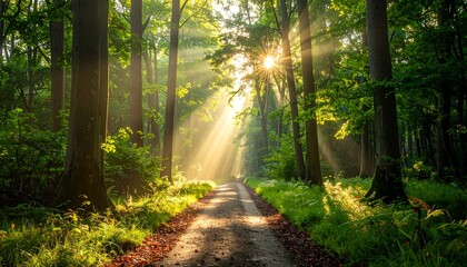 Sunlight filtering through trees along a forest path.