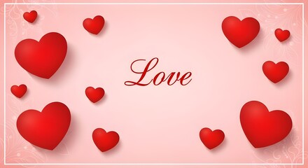 Red hearts on pink background with the word love, a romantic concept