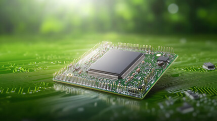 High-quality image of a microchip on a vibrant green circuit board, showcasing advanced technology in a natural setting.