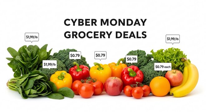 Cyber monday grocery deals banner featuring fresh vegetables and fruits assortment - Powered by Adobe