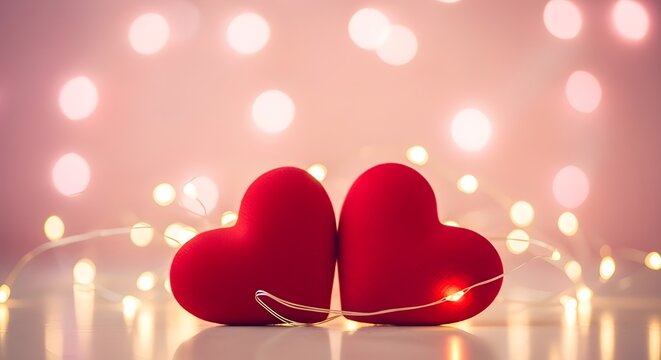 Two red hearts with light string on pink background for valentines day