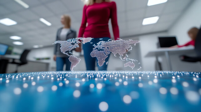 Innovative representation of a global map with business professionals in a modern office, showcasing technology and teamwork.