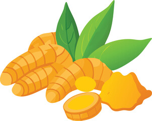 Fresh turmeric roots with vibrant green leaves a natural spice composition high quality