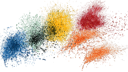 A vibrant explosion of colorful powder in blue, yellow, red, and orange, creating a dynamic and energetic visual display.