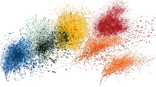 A vibrant explosion of colorful powder in blue, yellow, red, and orange, creating a dynamic and energetic visual display.