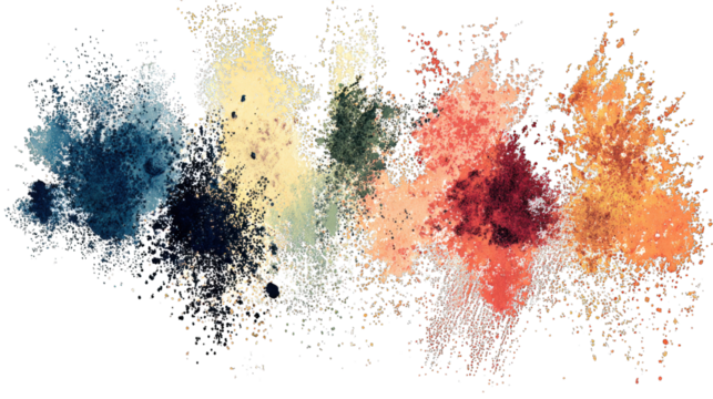 A vibrant splash of colors with various shades, resembling paint or pigments, creating a dynamic visual effect.