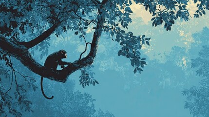 Silhouette of monkey hanging from tree branch, playful wildlife scene perfect for zoo, jungle, or tropical themes.