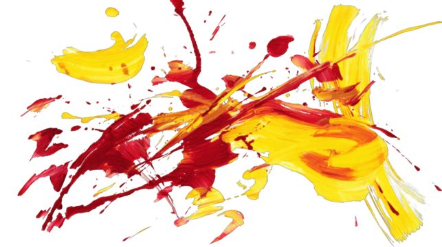 A vibrant explosion of red, yellow, and orange paint splatters creating an abstract composition full of energy and movement.
