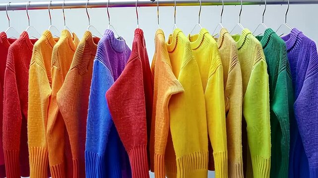 Colorful Knit Sweaters Hanging in a Row, A Visual Display of Fashion and Cozy Comfort