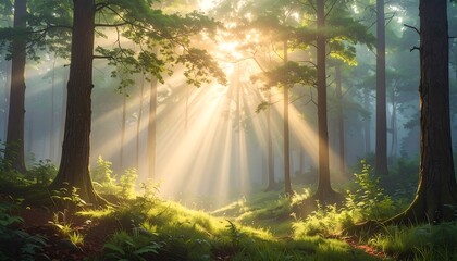 Sunlight Filtering Through Trees in a Lush Forest.