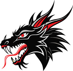 A striking black dragon head illustration with vibrant red details and sharp