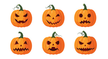 A set of six carved halloween pumpkins or jack-o-lanterns with various spooky and funny facial expressions are displayed.