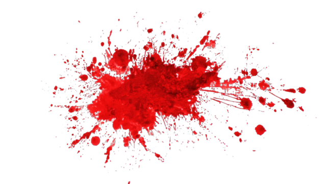 A vibrant red paint splatter with various spattering patterns and textures, conveying a sense of dynamic energy and creativity.