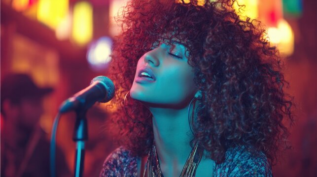 A performer with curly hair sings passionately into a microphone at a lively venue filled with colorful lights. The ambiance is warm and energetic capturing the audience's attention.