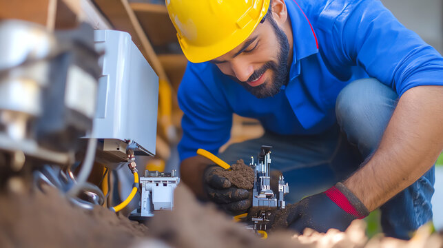 Skilled worker repairing equipment on-site, showcasing expertise and dedication to maintaining machinery in construction.