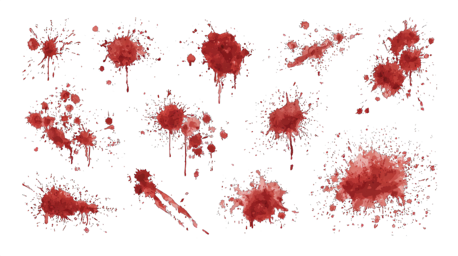 A collection of red paint splatters and stains in various shapes and sizes.