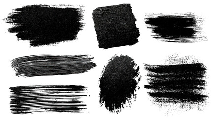 A collection of black brush stroke textures showcasing various artistic styles and patterns for creative design applications.
