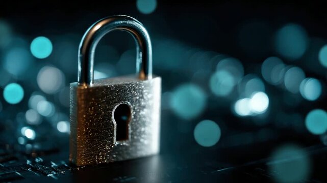 Secure Digital Future: AI generated video showcasing a padlock, symbolizing robust cybersecurity, data privacy, and online protection in a modern tech landscape.