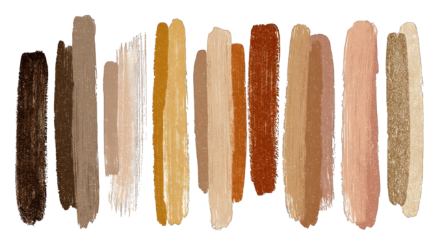 A collection of paint swatches in various shades of brown, beige, and tan arranged in horizontal strokes.