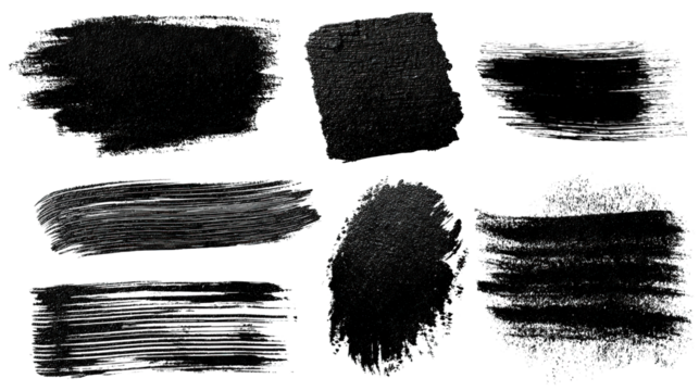A collection of black brush stroke textures showcasing various artistic styles and patterns for creative design applications.