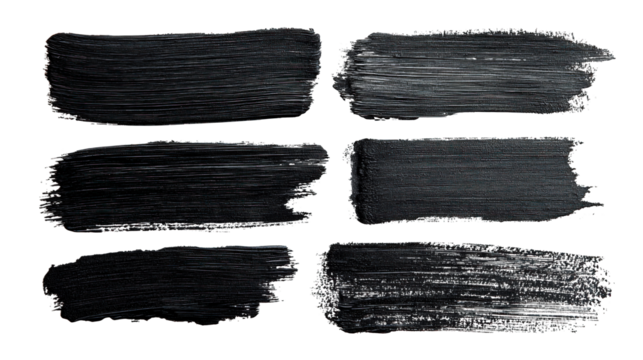 A collection of six abstract brushstroke designs in varying styles and textures, showcasing a monochromatic color scheme.