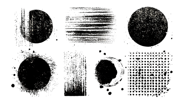 Abstract patterns and textures displayed in a grid format, featuring circular and linear designs with varying densities and styles.