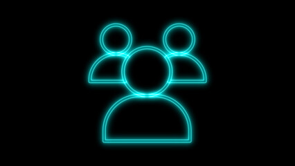 Glowing neon outline icon depicting a stylized group of three abstract people, representing users, a social network team, or a community, rendered digitally and isolated on black background.