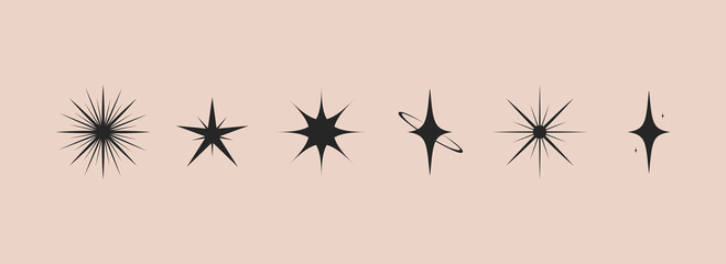 Retro sparkle stars set. Y2K abstract shapes. Brutalism star icons. Flat Vector illustration.