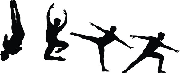 Set of black silhouettes of a male ballet dancer performing modern moves, jumping and posing, vector illustration isolated on white background.