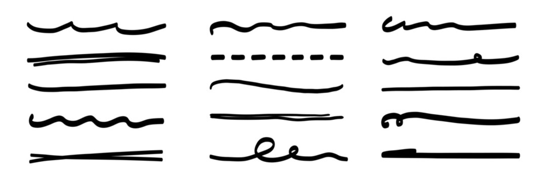 Underline line marker set. Hand drawn underline stroke and marker scribble text highlight, pen mark and pencil sketch frame. Rough brush stripe and strikethrough design. Vector illustration