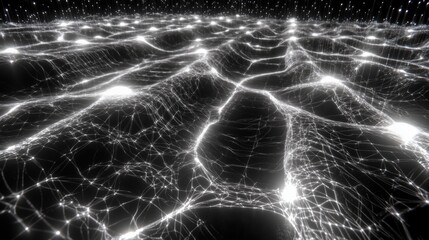 Futuristic iridescent network in black, white with glowing lines. Glitch 90s, holographic texture, digital web. Background, digital art, modern 90s, 2000s creative banner, sci-fi visuals.