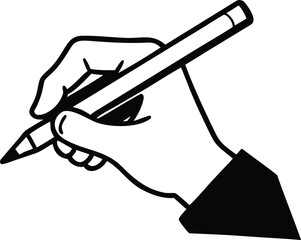 A simple black and white illustration of a hand holding a pencil