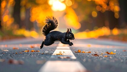 A black squirrel leaps across a road with fallen leaves, a vibrant autumnal backdrop of trees and sunlight behind it