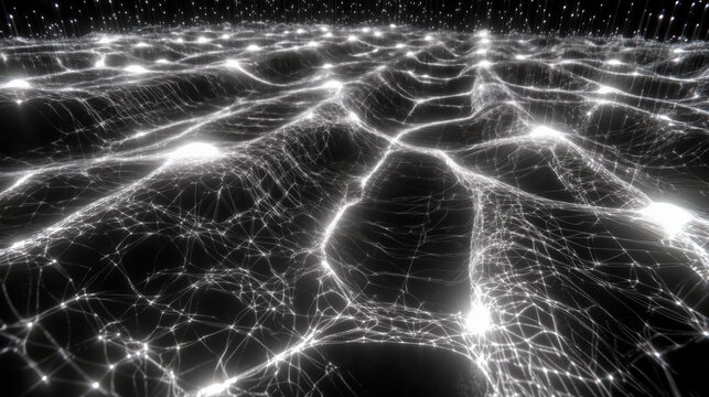 Futuristic iridescent network in black, white with glowing lines. Glitch 90s, holographic texture, digital web. Background, digital art, modern 90s, 2000s creative banner, sci-fi visuals.