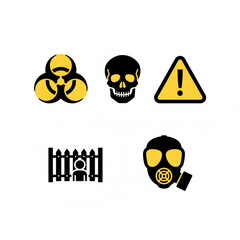Warning Icons Biohazard, Skull, Danger, Hazard, Human Restriction, Gas Mask Illustration